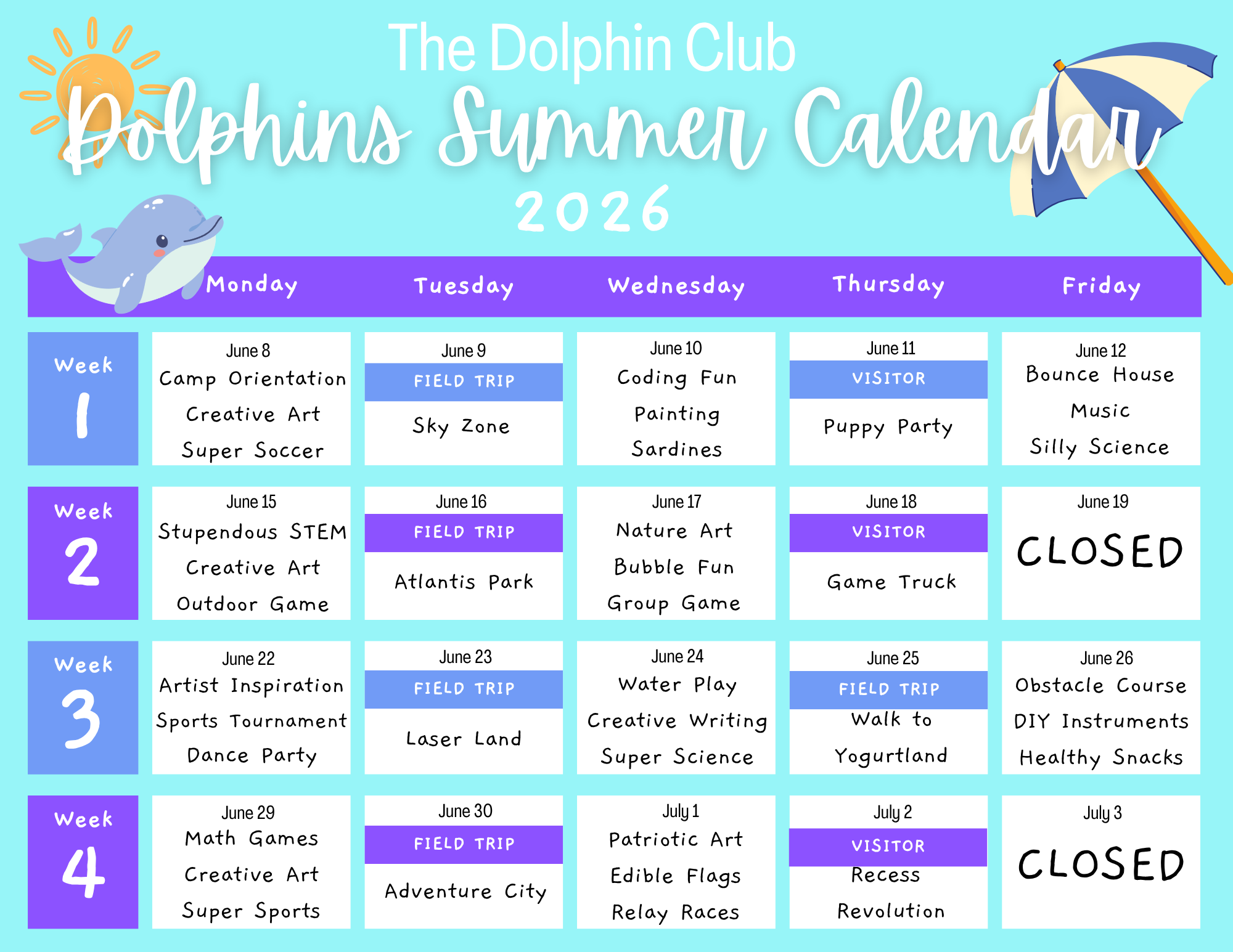 Dolphins group calendar - first half of schedule