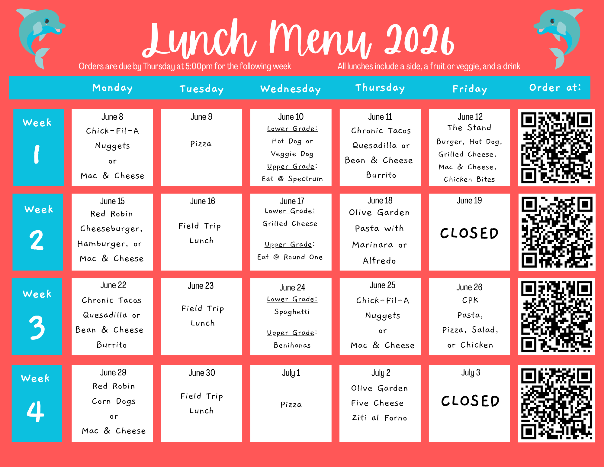 Lunch calendar - first half of schedule