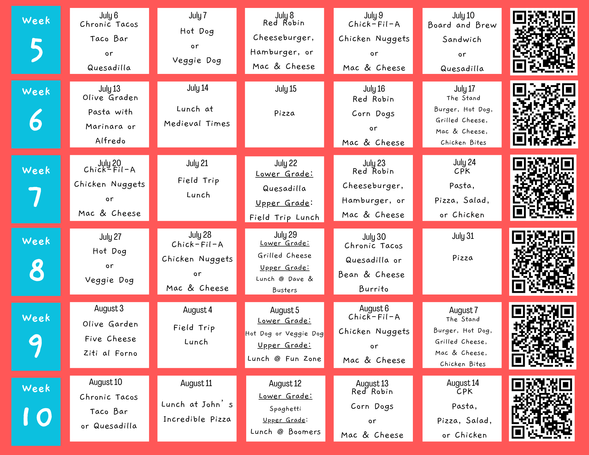 Lunch calendar - second half of schedule