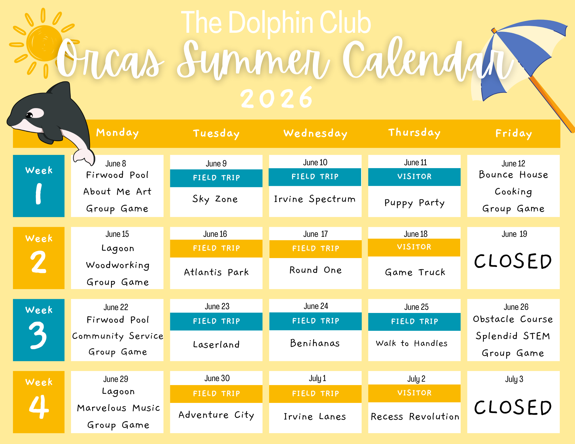 Orcas group calendar - first half of schedule