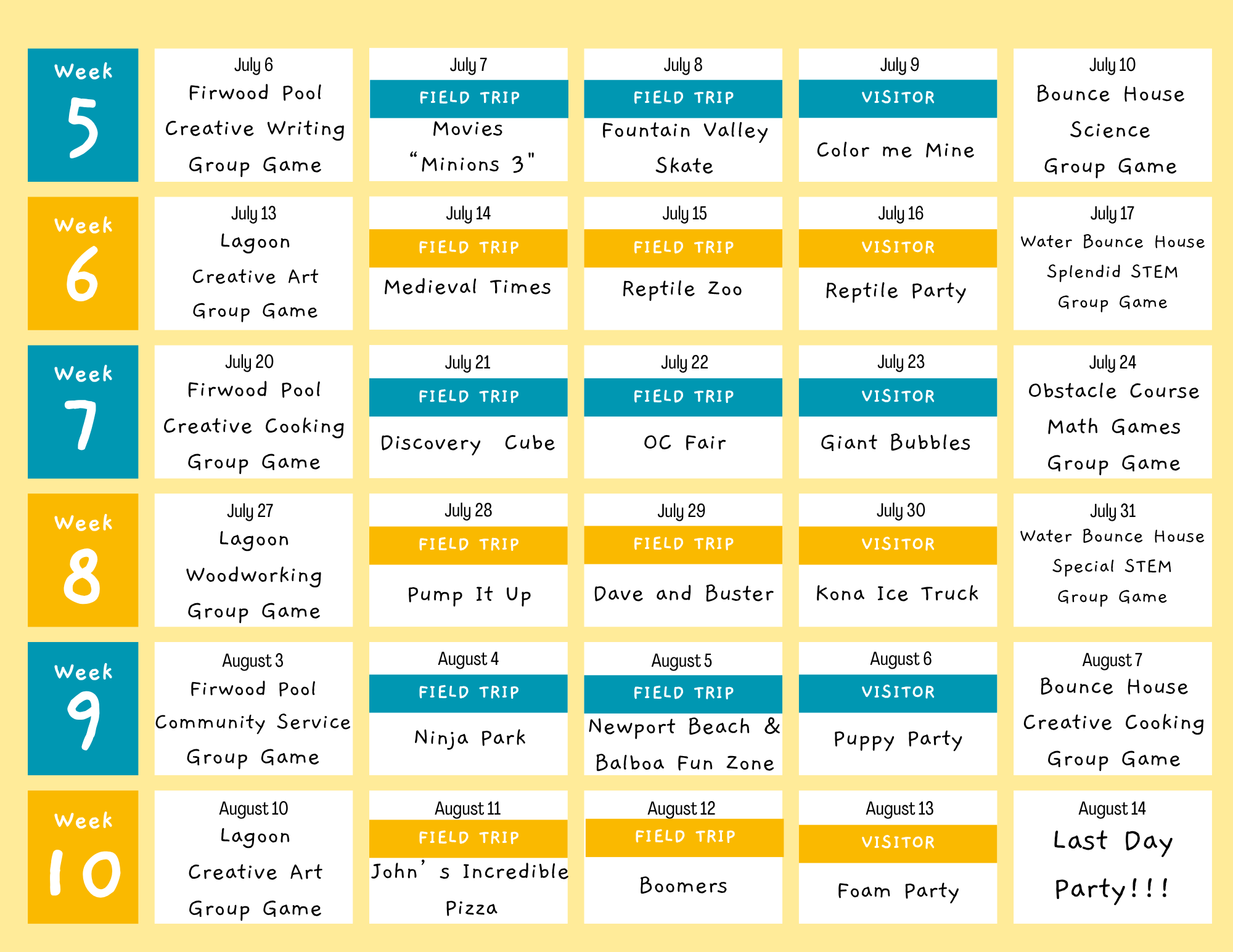 Orcas group calendar - second half of schedule